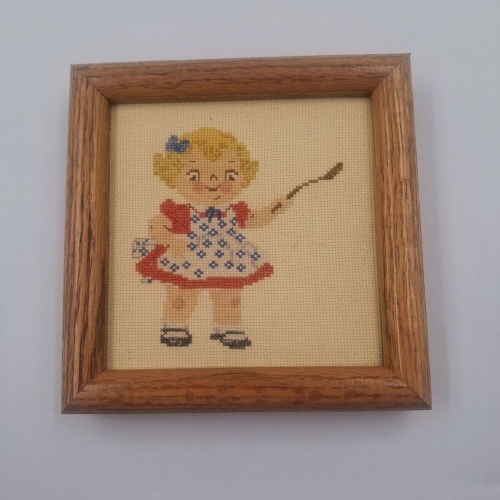 Vintage Framed Cross Stitch Needlework Campbells Soup Girl Wooden 6x6 Frame